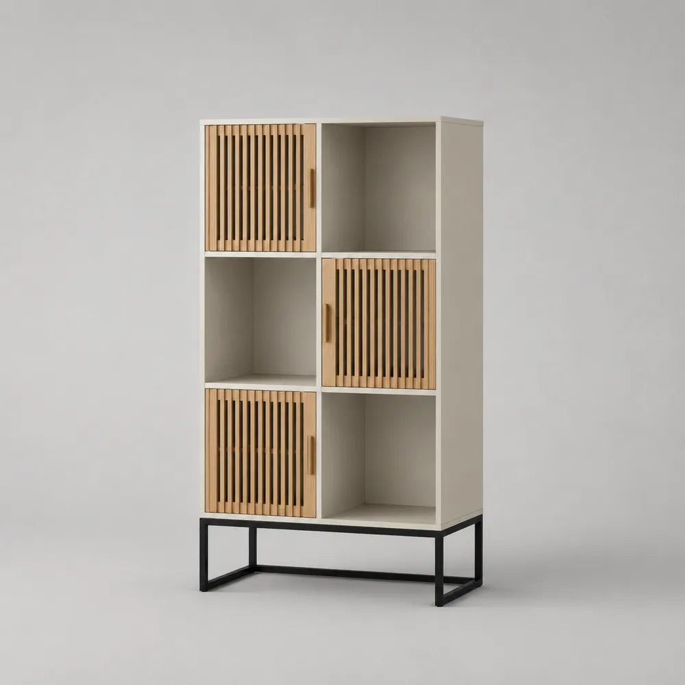Buffet haut 90x40x180 cm avec portes à lattes en bois et structure beige noir