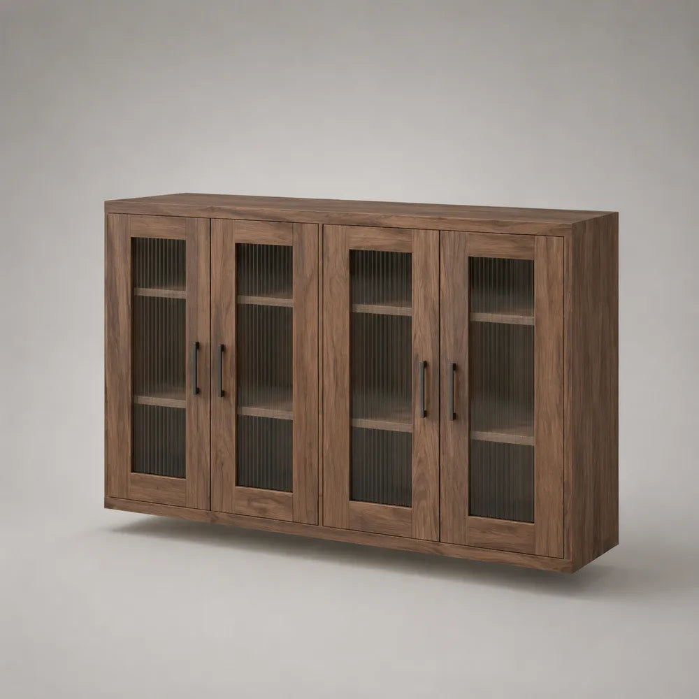 Buffet bas 4 portes vitrées en MDF effet noyer marron rectangulaire 180 x 40 x 80 cm