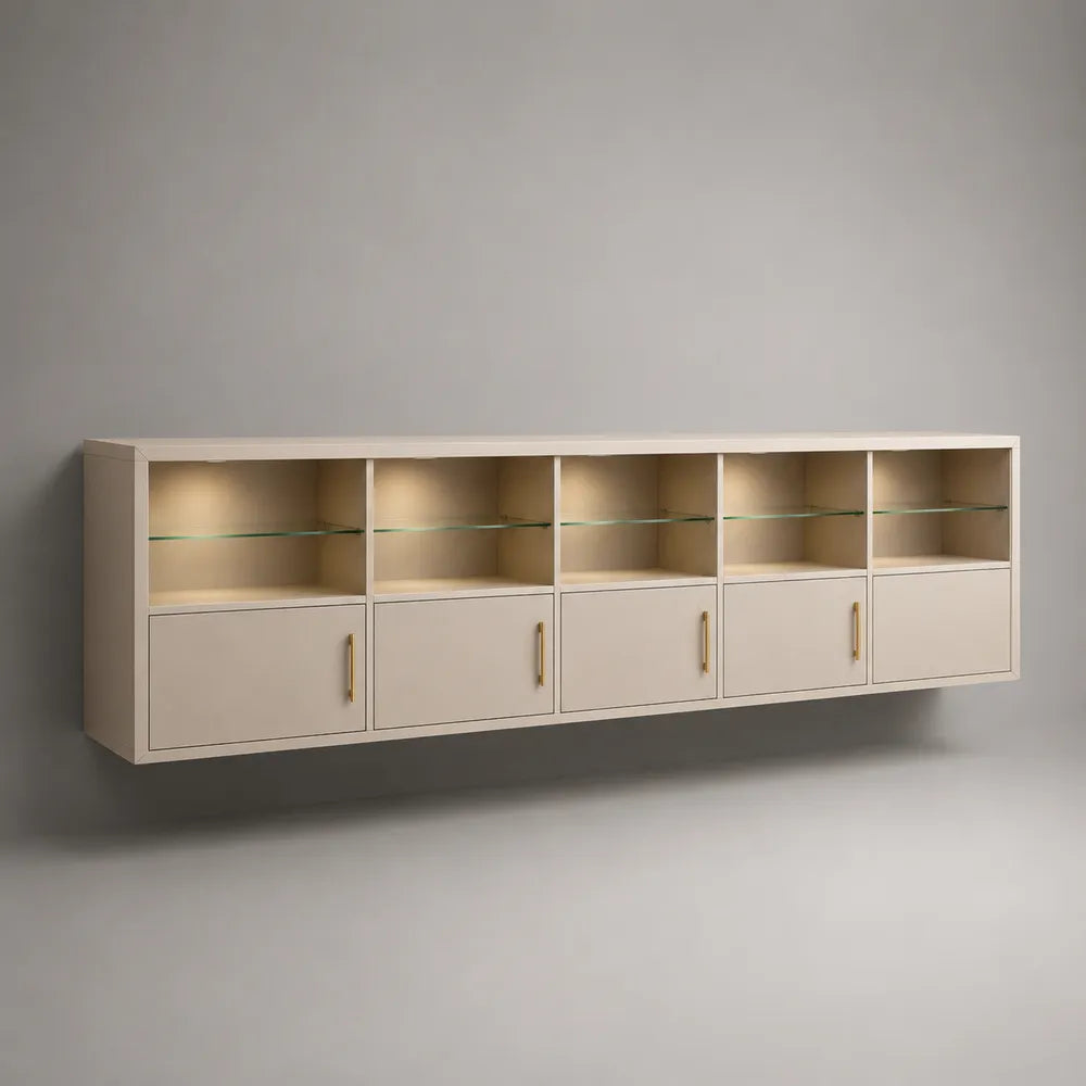 Buffet mural 240x35x60 cm en MDF blanc avec portes et étagères en verre