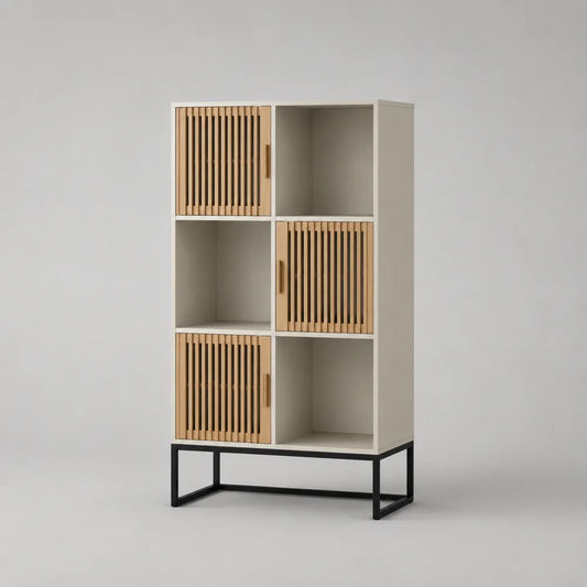 Buffet haut 90x40x180 cm avec portes à lattes en bois et structure beige noir