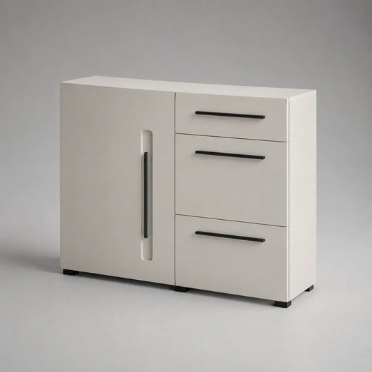 Buffet bas 120 x 40 x 80 cm en MDF blanc avec 1 porte et 3 tiroirs poignées noires