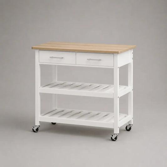 Desserte de cuisine 100 x 45 x 90 cm MDF blanc avec plateau effet chêne clair et roulettes