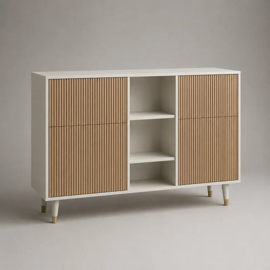 Buffet rectangulaire en MDF blanc avec portes rainurées et étagères ouvertes 180 x 40 x 80 cm