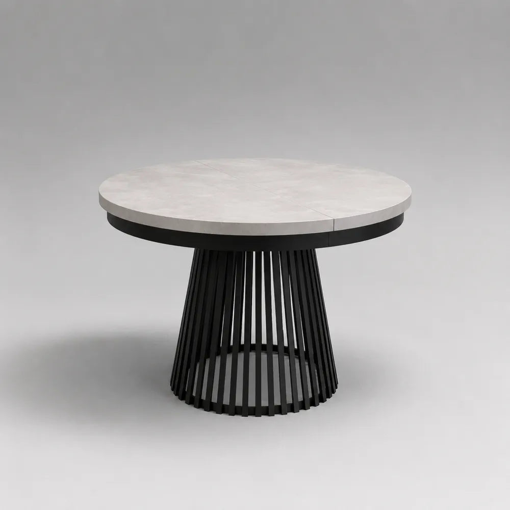 Table à manger ronde avec plateau effet marbre blanc et pied central en acier noir 120 x 120 x 75 cm