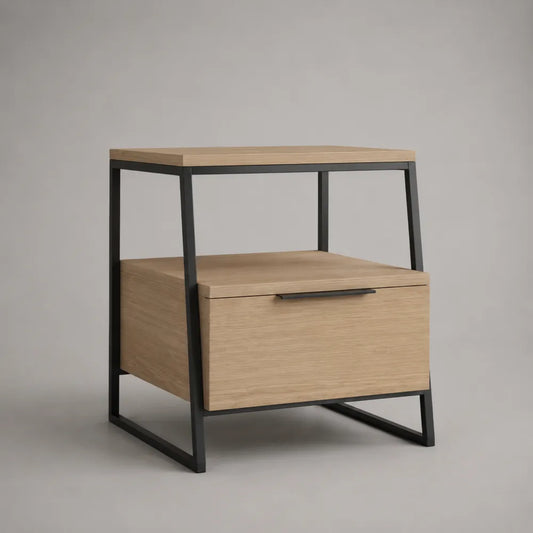 Table de chevet 50 x 40 x 55 cm en MDF effet chêne naturel avec tiroir et cadre en acier noir