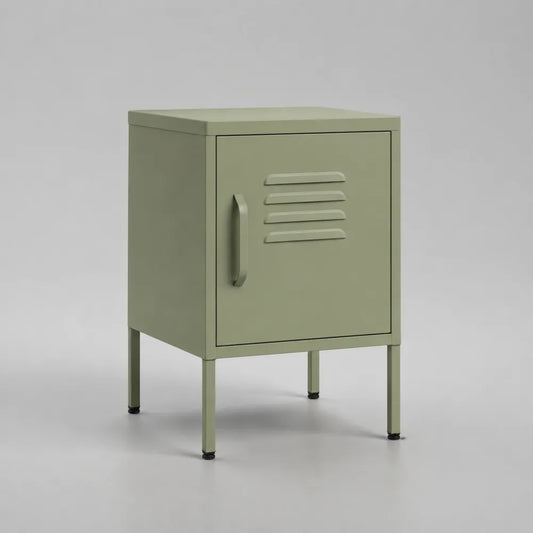 Table de chevet 45 x 40 x 65 cm en acier vert avec porte battante et pieds surélevés