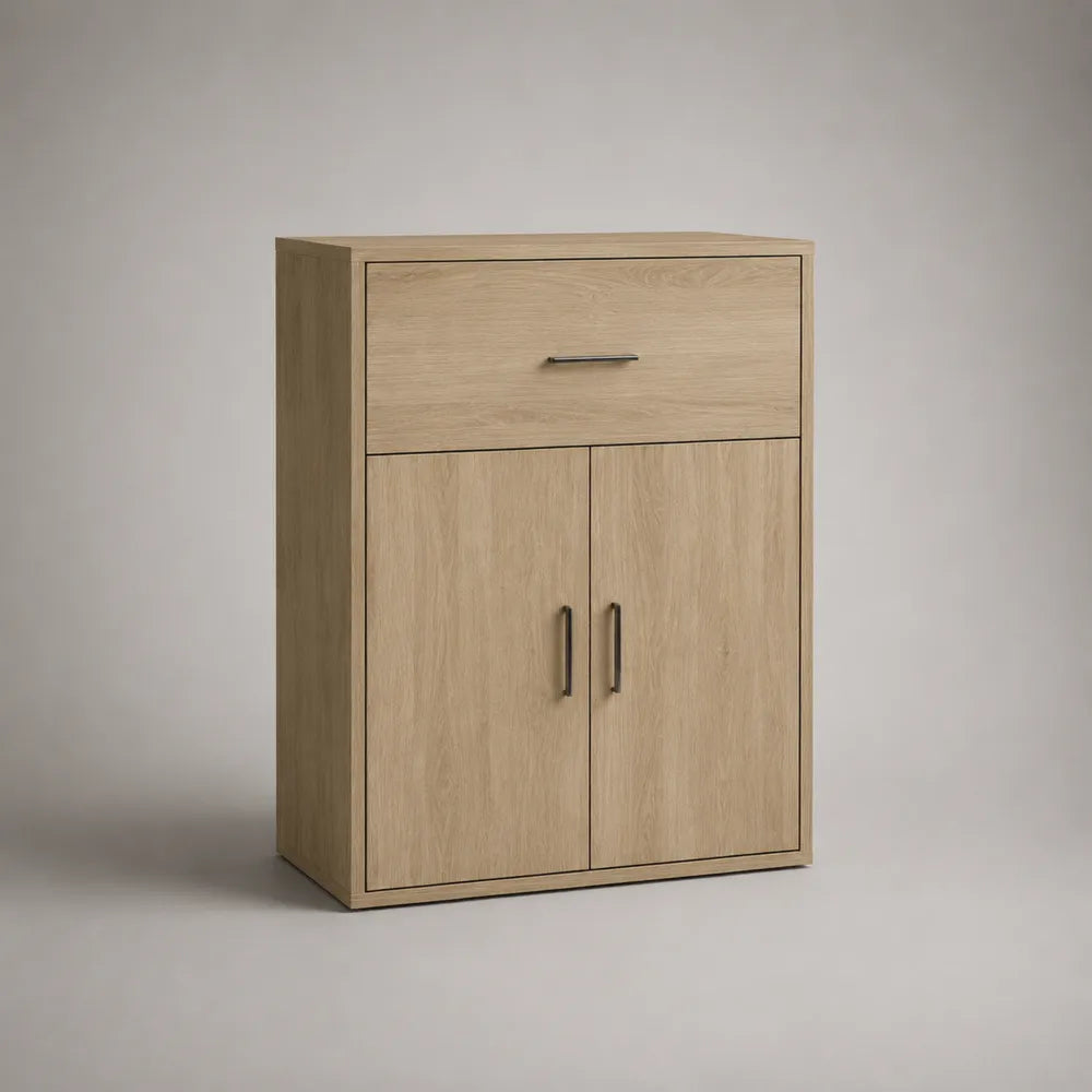 Buffet haut 100x40x120 cm en MDF effet chêne clair avec tiroir et portes
