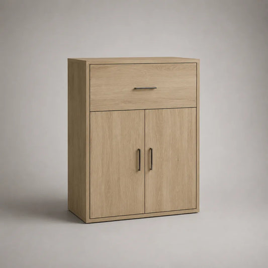 Buffet haut 100x40x120 cm en MDF effet chêne clair avec tiroir et portes