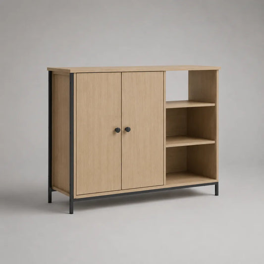 Buffet 160 x 40 x 85 cm en MDF effet bois beige et acier noir rectangulaire avec portes et étagères ouvertes