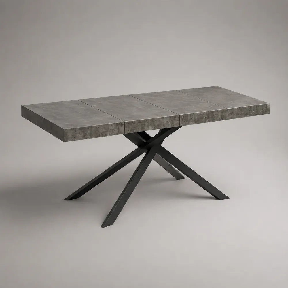Table à manger extensible rectangulaire 200 x 100 x 75 cm avec plateau effet béton gris et pieds en acier noir
