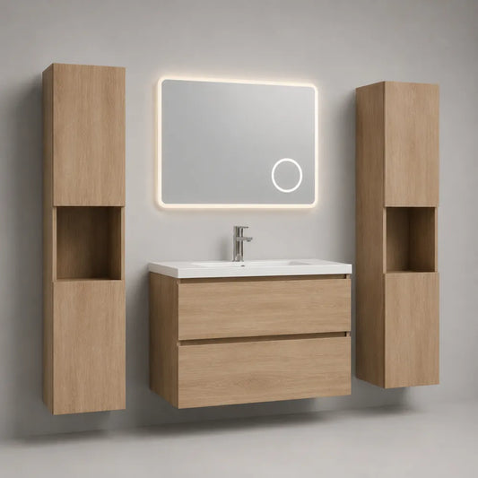 Ensemble meuble de salle de bain suspendu 120 x 45 x 55 cm en MDF finition chêne clair avec miroir LED et colonnes