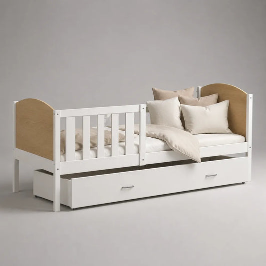 Canapé lit enfant 90 x 200 cm en MDF blanc avec tiroir de rangement et panneaux chêne naturel