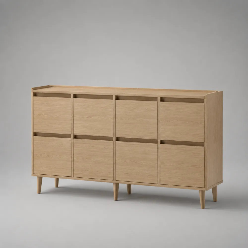 Buffet bas 8 portes en MDF effet chêne clair rectangulaire 180 x 40 x 85 cm
