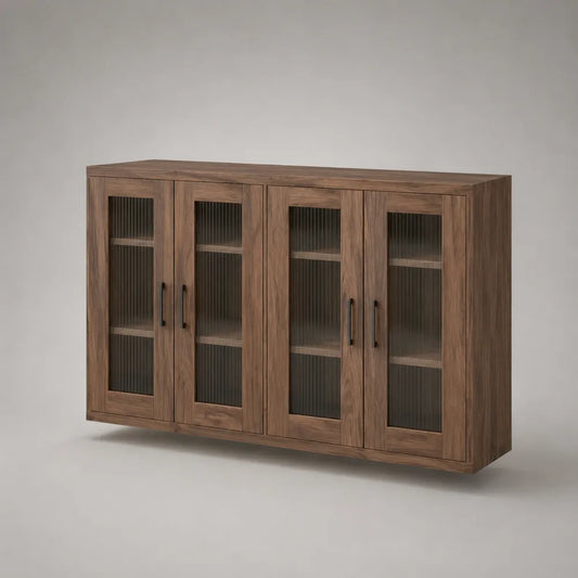 Buffet bas 4 portes vitrées en MDF effet noyer marron rectangulaire 180 x 40 x 80 cm