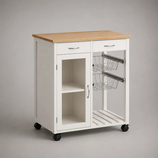 Desserte de cuisine roulante 90 x 40 x 85 cm en MDF blanc avec plateau effet chêne et rangements