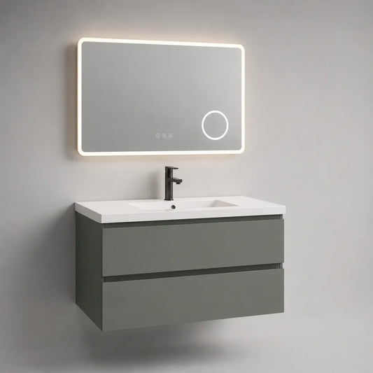 Meuble sous vasque suspendu 120x50x45 cm en MDF vert gris avec tiroirs et vasque céramique blanche