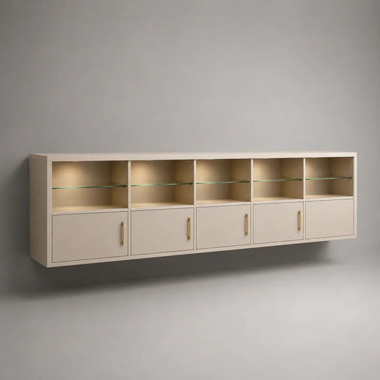 Buffet mural 240x35x60 cm en MDF blanc avec portes et étagères en verre