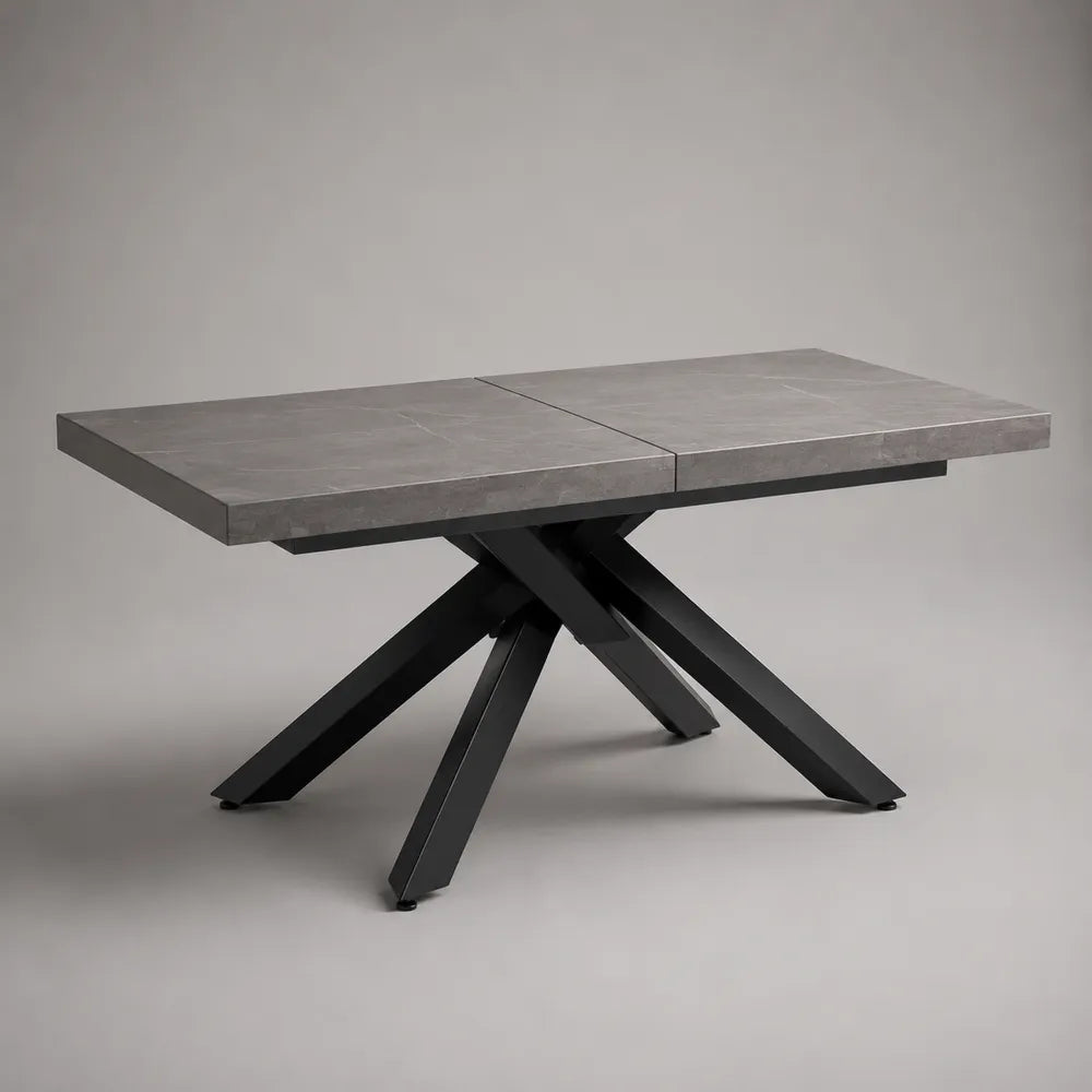Table à manger extensible rectangulaire en céramique effet pierre grise et acier noir 180 x 90 x 76 cm