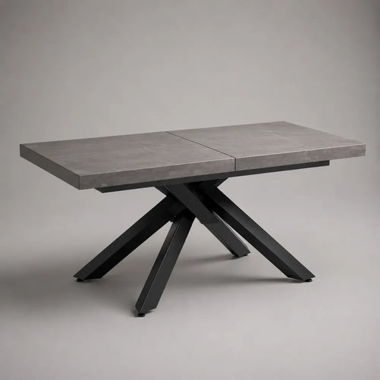Table à manger extensible rectangulaire en céramique effet pierre grise et acier noir 180 x 90 x 76 cm
